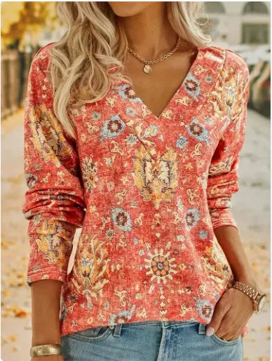 Big Size Bohemian Printed Long Sleeve T-Shirt Summer Fashion V-Neck Top Beach Clothing For Women CJ