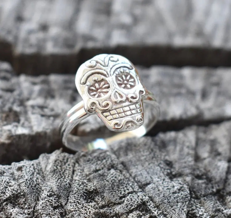 Retro Sugar Skull Silver Ring- Day of The Dead Fashion CJ