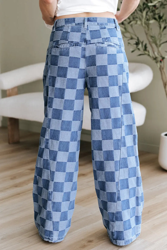 Dusk Blue Checkered Denim Wide Leg Jeans The Aurora Touch