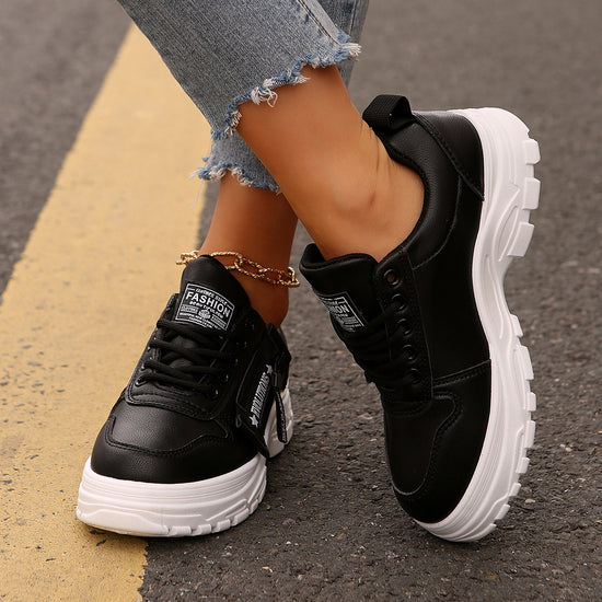 Lace-up Sports Shoes With Side-Zipper Design | Fashion Thick-soled Round-toe Casual Shoes For Women Sneakers