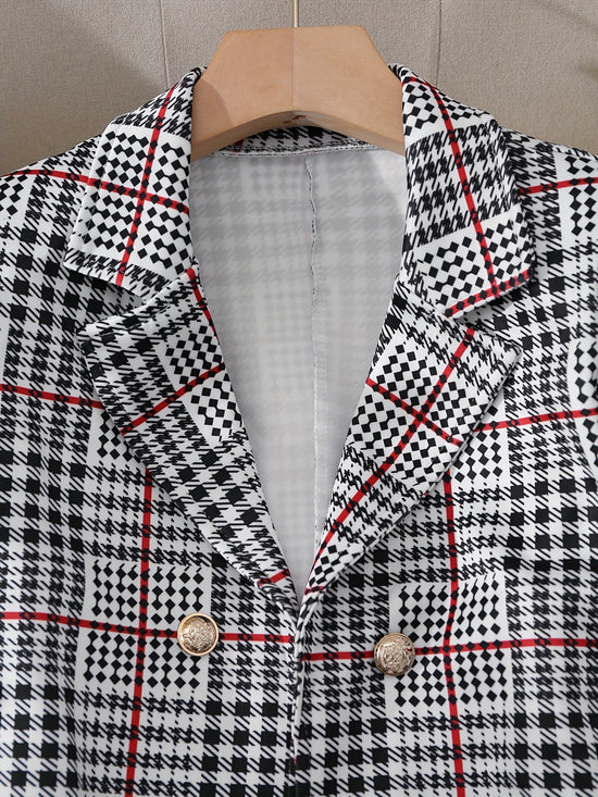 Ladies Fashion Casual Slim Suit Two-piece Plaid Pattern with Buttons, Lapel Long Sleeve Suit Jacket and High Waist Skirt