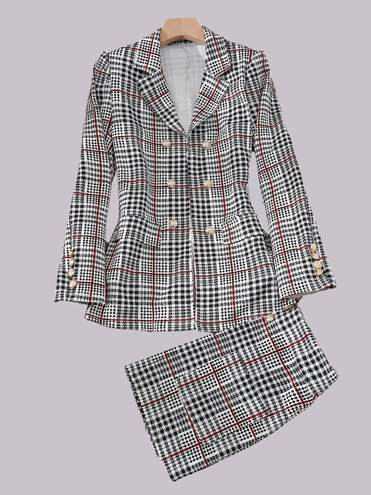 Ladies Fashion Casual Slim Suit Two-piece Plaid Pattern with Buttons, Lapel Long Sleeve Suit Jacket and High Waist Skirt The Aurora Touch