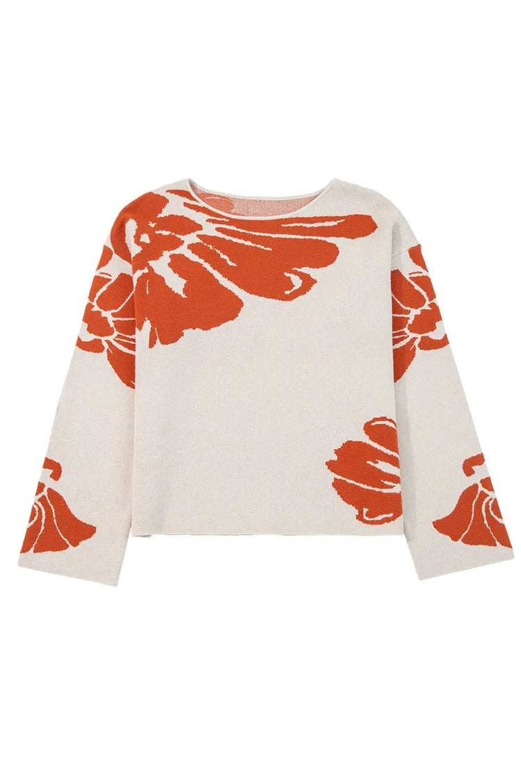 Beige Bold Flower Pattern Wide Sleeve Baggy Sweater Dear-Lover Dropshipping