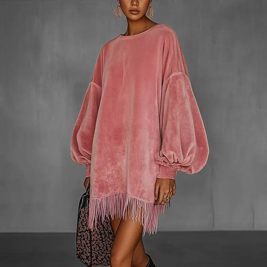 Women's Fringe Hem Mini Dress, Drop Shoulder Long Sleeve Casual Short Dress - The Aurora Touch