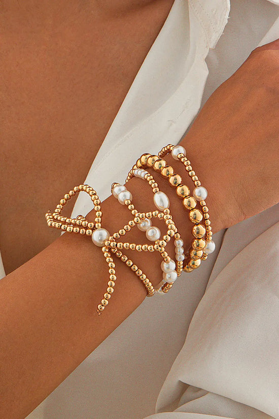 Gold Bow Knot Pearl Beaded Multi Layered Bracelet Set The Aurora Touch