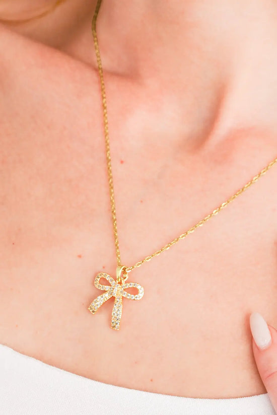 Gold Plated Rhinestone Bowknot Pendant Necklace The Aurora Touch