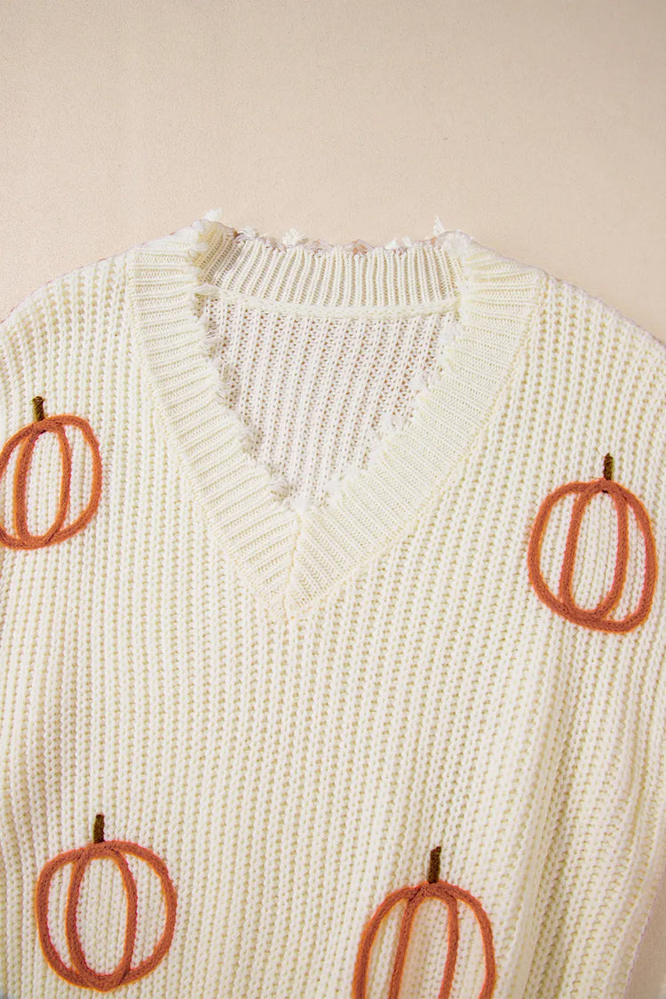 Beige Cable Knit Pumpkin Raw Hem V Neck Loose Sweater Dear-Lover Dropshipping