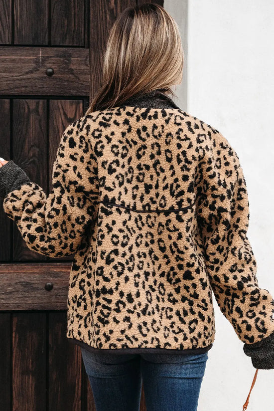 Khaki Leopard Print Zip Up Stand Neck Side Pocket Jacket Dear-Lover Dropshipping