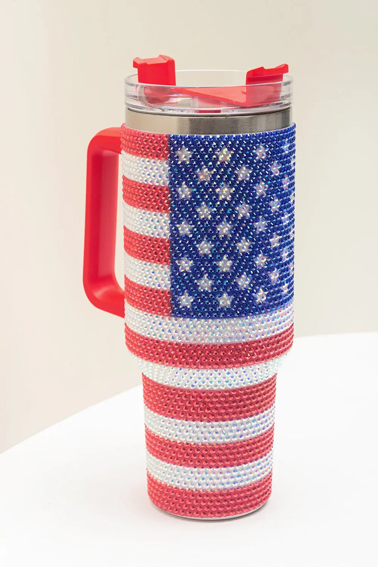 Red Rhinestone American Flag Print Handled 40oz Thermos Tumbler The Aurora Touch