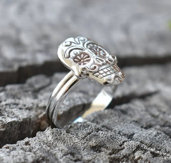 Retro Sugar Skull Silver Ring- Day of The Dead Fashion CJ