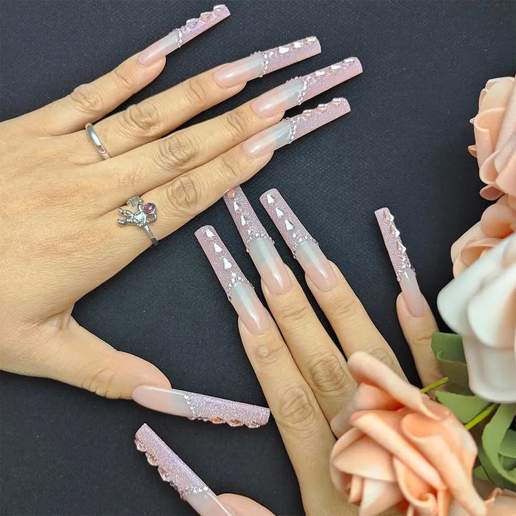 New Shiny Crystal Long Press on Nails with Diamonds The Aurora Touch