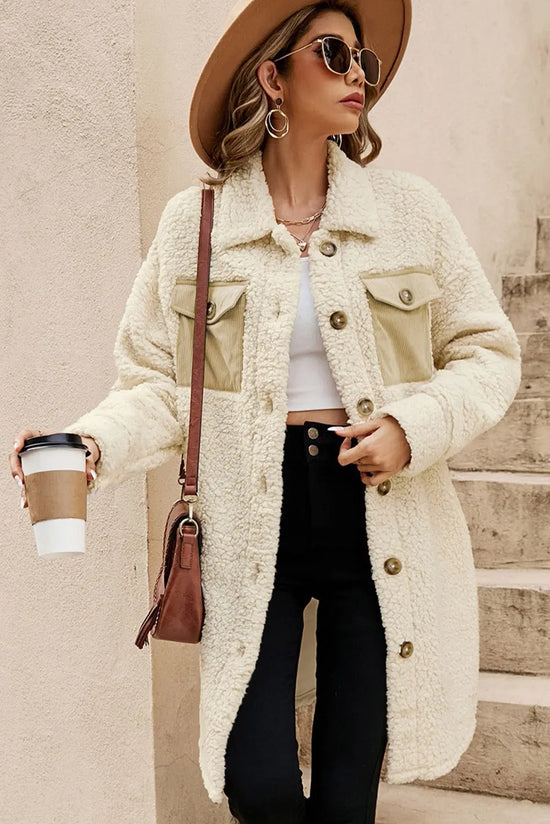 Beige Contrast Flap Pocket Single Breasted Teddy Coat Dear-Lover Dropshipping