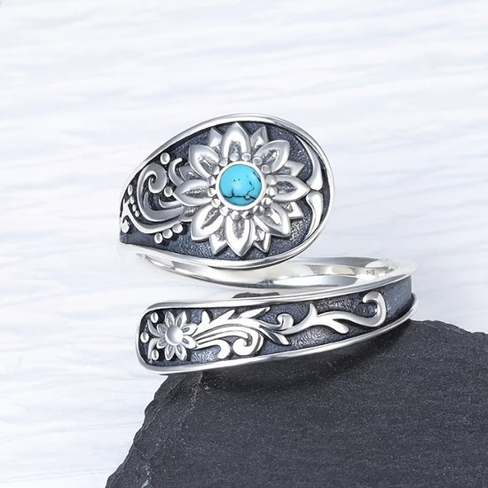 925 Silver Spoon Ring - Exquisitely Carved With Sunflowers, Embellished With Inlaid Turquoise