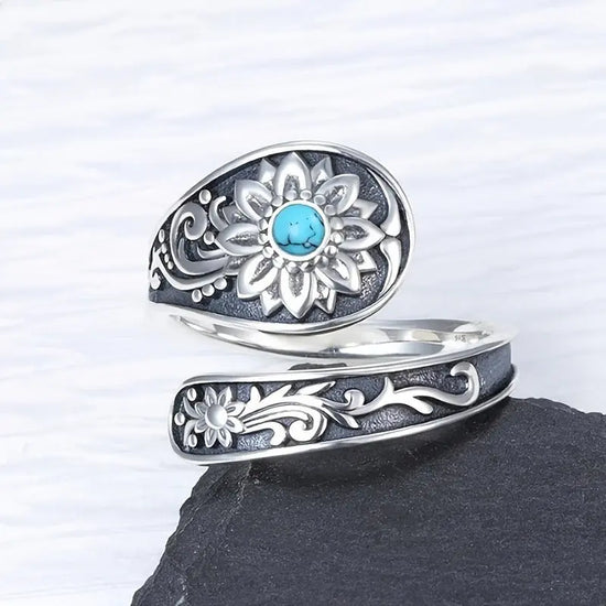 925 Silver Spoon Ring - Exquisitely Carved With Sunflowers, Embellished With Inlaid Turquoise The Aurora Touch