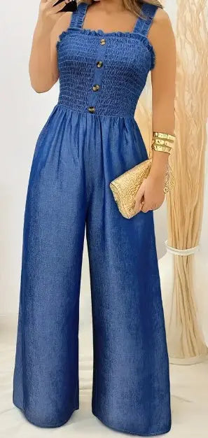 Stylish Ruched Jumpsuit - Sleeveless, Shirred, Wide Leg, Solid Color, Button Decor, Casual Wear The Aurora Touch