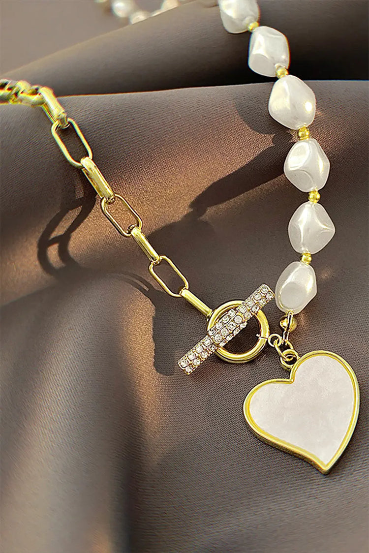 Gold Heart Shape Pendant Rhinestone Decor Pearl Chain Necklace The Aurora Touch