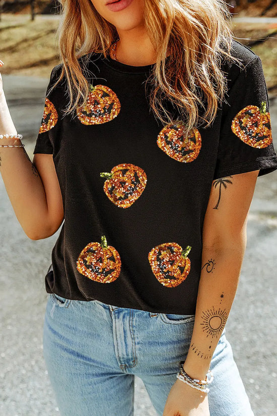 Black Sequin Pumpkin Face Halloween T Shirt Dear-Lover Dropshipping