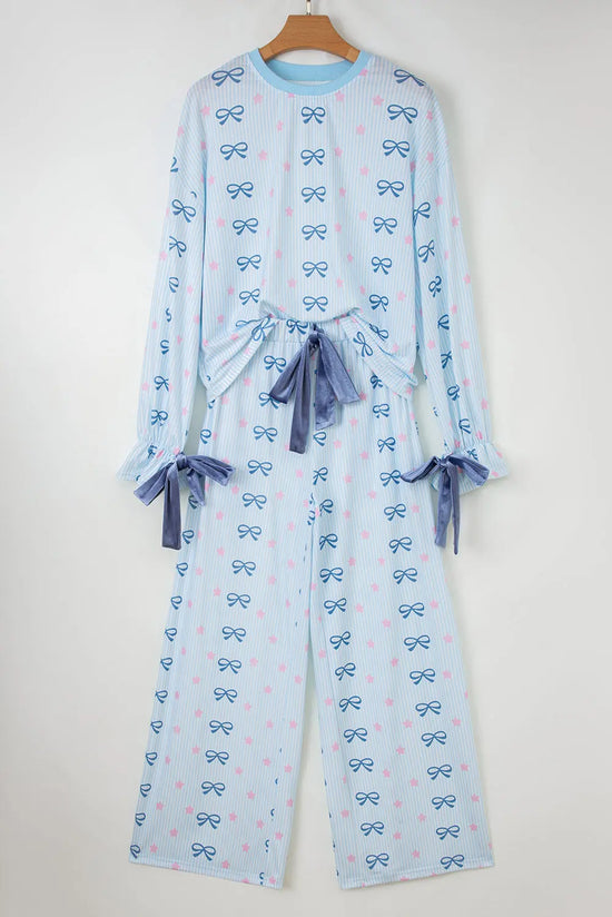 Sky Blue Stripe Bow Star Print Tied Detail 2pcs Lounge Set Dear-Lover Dropshipping