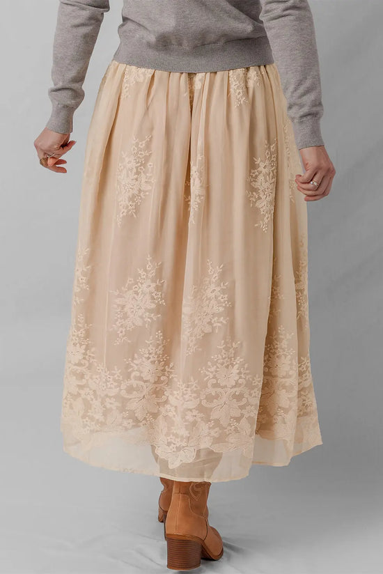 Oatmeal Embroidered Mesh Overlay Flowy Long Skirt Dear-Lover Dropshipping