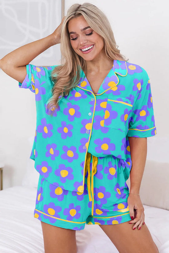 Green Flower Print Short Sleeve Shirt Pajamas Set The Aurora Touch