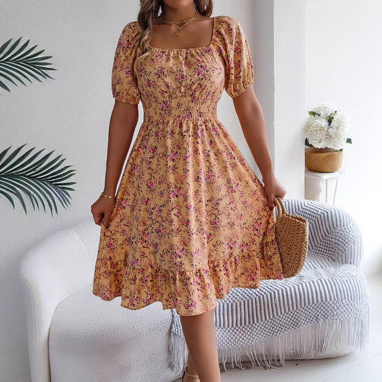 Floral Print Square Collar Dress Summer Fashion Ruffles Dresses Women&