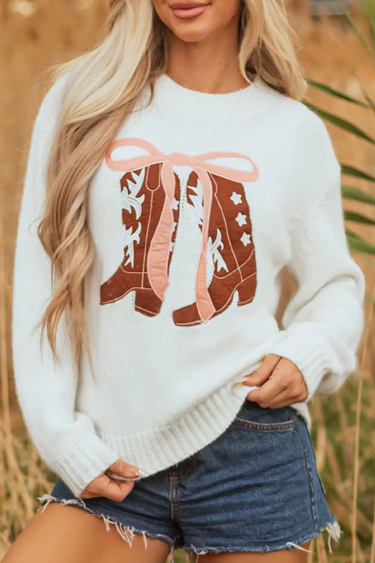 White Embroidered Bow Boots Graphic Drop Shoulder Sweater Dear-Lover Dropshipping