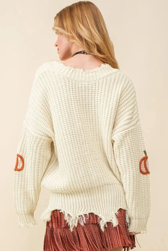 Beige Cable Knit Pumpkin Raw Hem V Neck Loose Sweater Dear-Lover Dropshipping