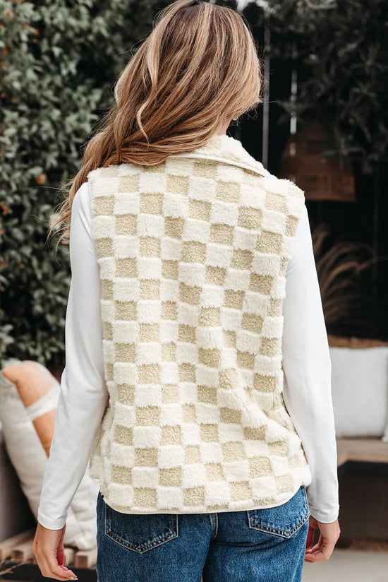 Khaki Sherpa Checkerboard Snap Button Vest Jacket With Pocket Dear-Lover Dropshipping