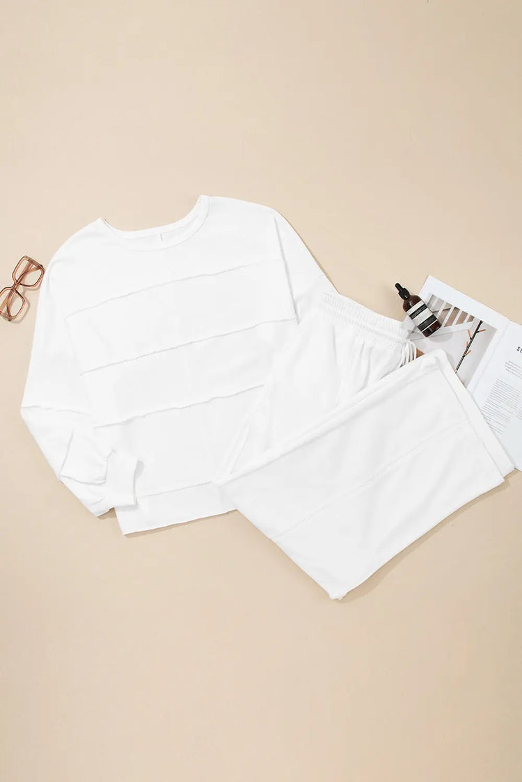 White Textured Raw Seam Plus Size Pullover Top and Drawstring Pants Set Dear-Lover Dropshipping