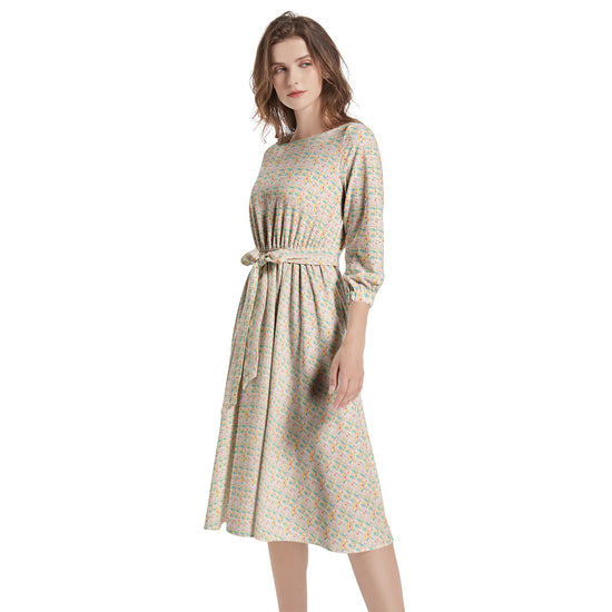 Floral AOP Pattern Summer Spring Boat Neck Belted Flared Dress