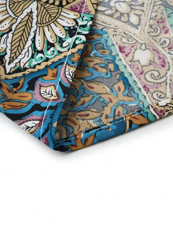 Women Print Maxi Dress High Waisted Cross Halter Neck With Tie Detail,Flowing Vacation Gown In Teal, Blue-Green & Brown Paisley Pattern, Machine Washable, Summer Fashion Decorative Tie Detail The Aurora Touch