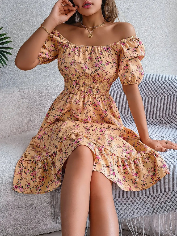Floral Print Square Collar Dress Summer Fashion Ruffles Dresses Women&