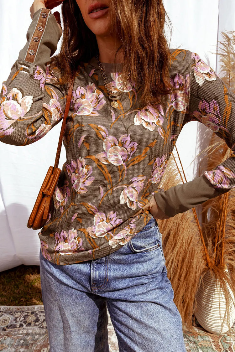 Brown Floral Print Waffle Textured Long Sleeve Top Dear-Lover Dropshipping