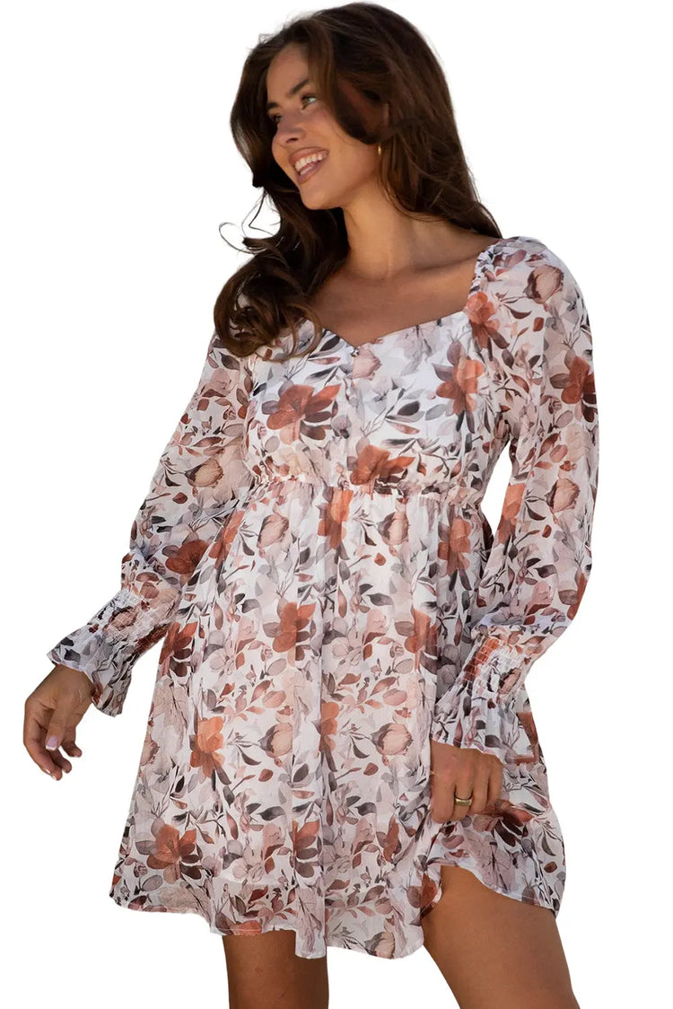 White Floral Print Sweetheart Neck Long Sleeve High Waist Mini Dress Dear-Lover Dropshipping
