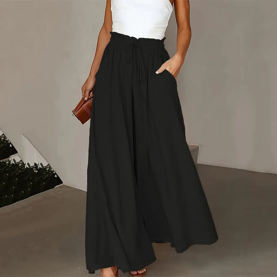 Plus Size Wide Leg Pants - Stylish Solid Paper Bag Waist Design, Elegant Pocket Tie Front, Loose Fit Comfort CJ