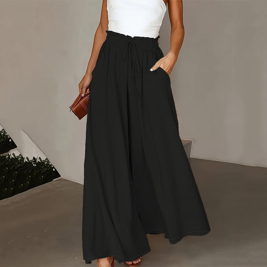 Plus Size Wide Leg Pants - Stylish Solid Paper Bag Waist Design, Elegant Pocket Tie Front, Loose Fit Comfort