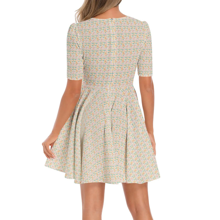 Short Sleeve Ruched Bust Flared Floral Print Pattern Hem Dress Printy6