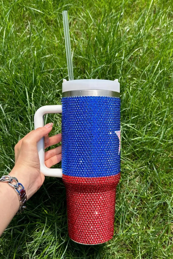 Dark Blue American Flag Star Full Rhinestone Handle Tumbler 40oz The Aurora Touch