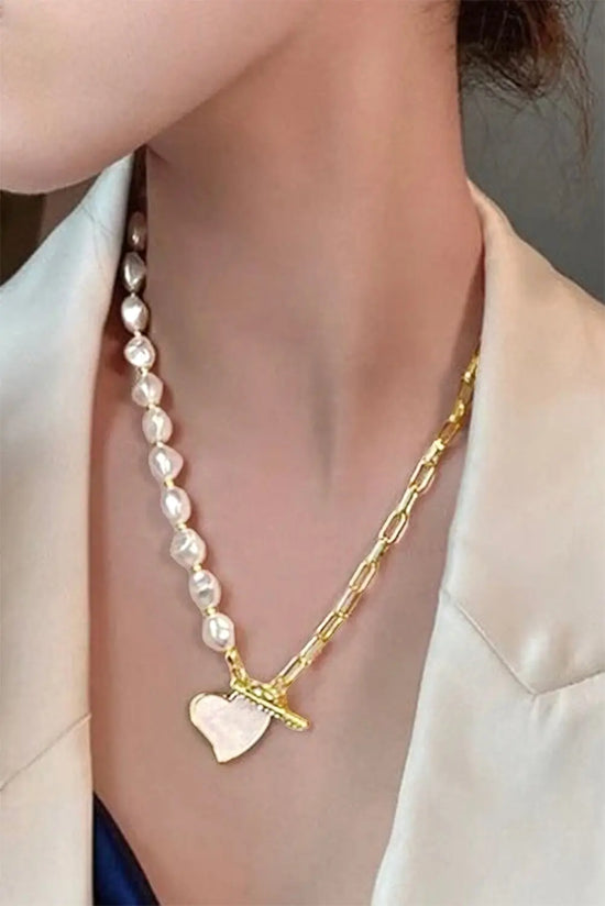 Gold Heart Shape Pendant Rhinestone Decor Pearl Chain Necklace The Aurora Touch