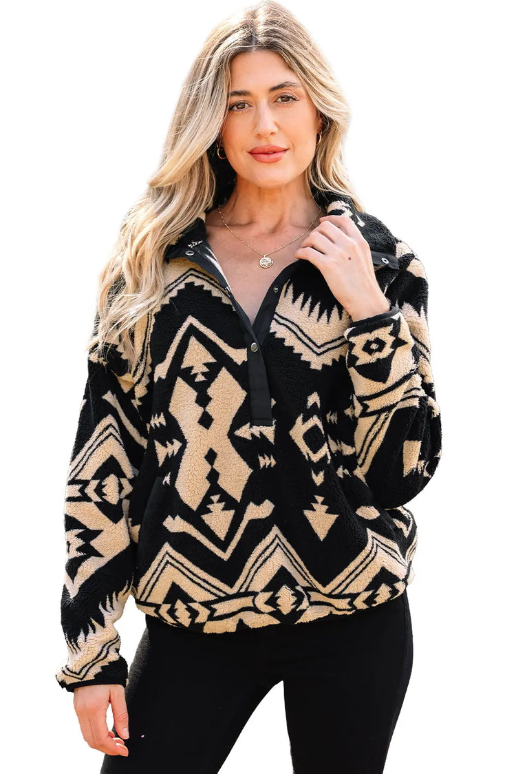 Black Western Aztec Half Zip Plush Sweatshirt- Trendy Comfy Wear Dear-Lover Dropshipping