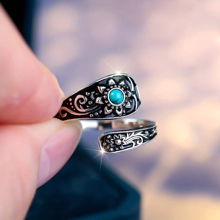 925 Silver Spoon Ring - Exquisitely Carved With Sunflowers, Embellished With Inlaid Turquoise The Aurora Touch