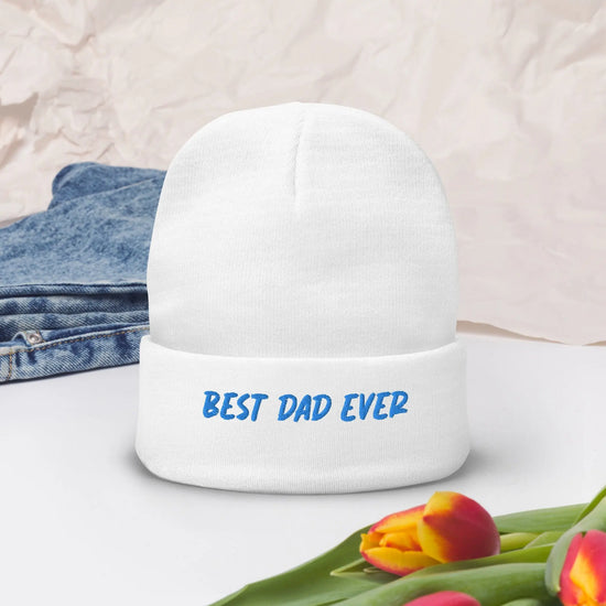 Bast Dad Ever Embroidered Beanie, White Mens Skull Cap, Winter White Father Beanie, Soft White warm hat, great gift for Dad, Warm Winter hat The Aurora Touch
