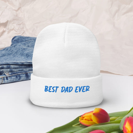Bast Dad Ever Embroidered Beanie, White Mens Skull Cap, Winter White Father Beanie, Soft White warm hat, great gift for Dad, Warm Winter hat