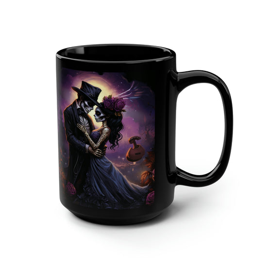 Black Mug, 15oz, Day of the Dead Dia de Los Muertos traditional couple print potrait Halloween season festive kitchen decor beverage cup The Aurora Touch