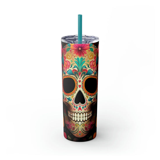 Dia de Los Muertos Skeleton Art Skinny Tumbler, Halloween Day of the Dead Colorful Cup, Cadaver Design Mug, Artistic Tumbler Gift, 20oz The Aurora Touch