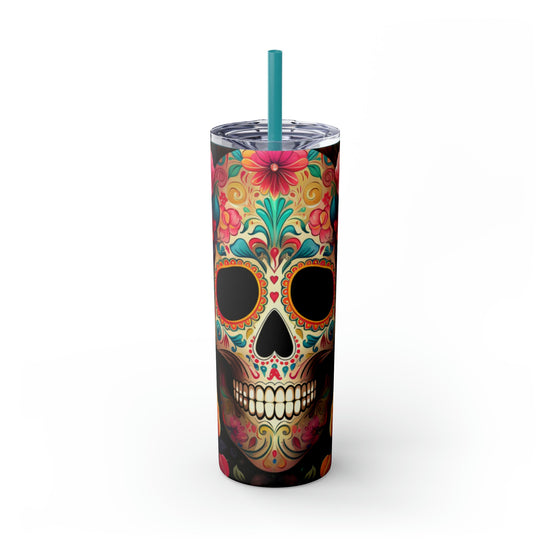 Dia de Los Muertos Skeleton Art Skinny Tumbler, Halloween Day of the Dead Colorful Cup, Cadaver Design Mug, Artistic Tumbler Gift, 20oz