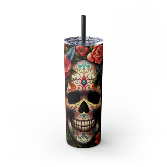 Skinny Tumbler with Straw, 20oz, Dia de Los Muertos day of the dead Mexican tradition artistic non- toxic hot cold carry around mug tumbler The Aurora Touch