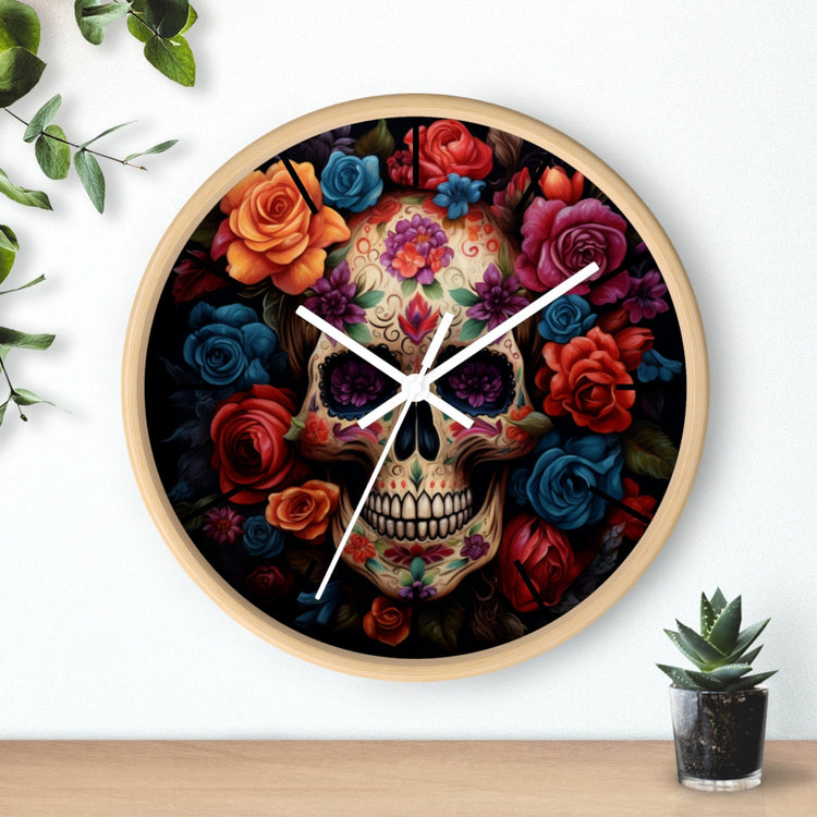 Wall Clock, Day of the Dead Halloween festive vibrant colorful floral sugar skull gothic art portrait design for living room kitchen office