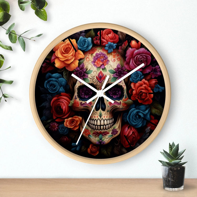 Wall Clock, Day of the Dead Halloween festive vibrant colorful floral sugar skull gothic art portrait design for living room kitchen office
