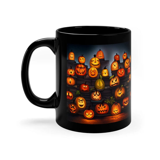 11oz Black Mug, Vibrant pumpkin halloween pattern design casual office everyday office home decorative cup The Aurora Touch